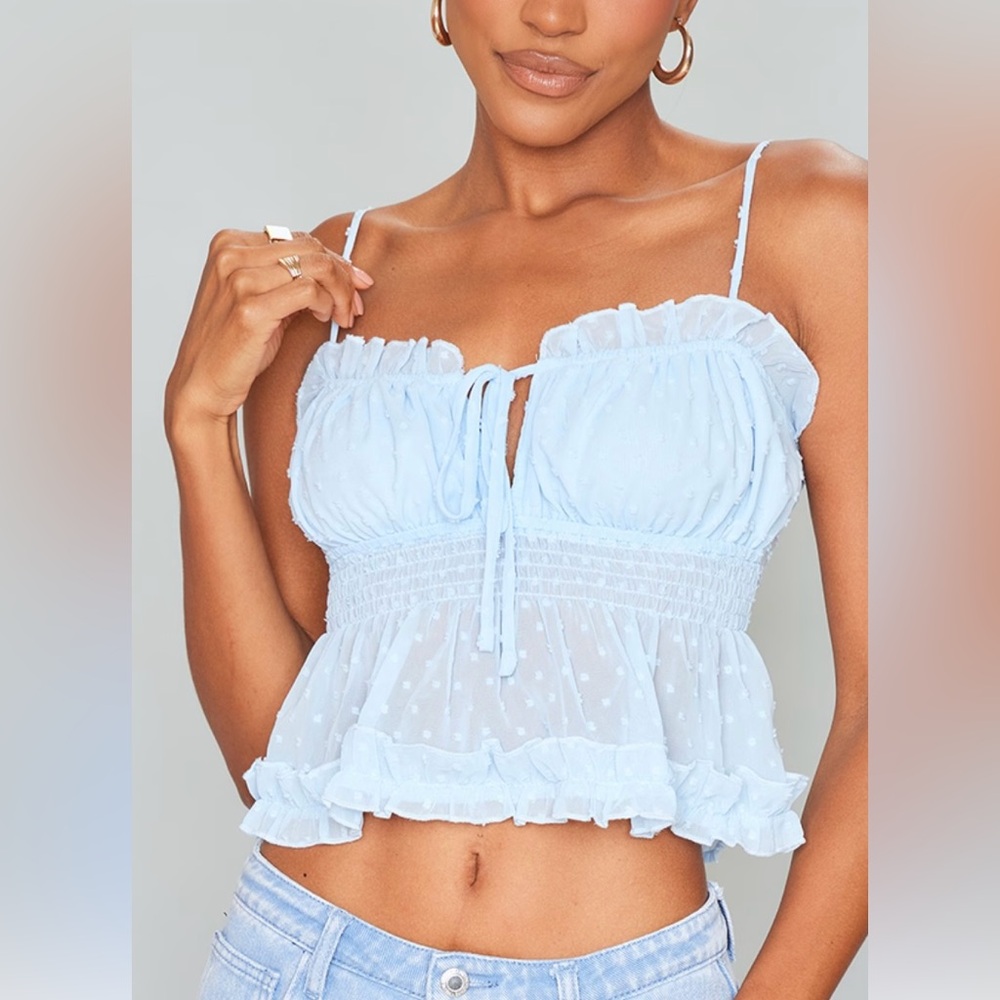 Pretty little thing baby blue textured lace up polka dot cami top size 2 NWT